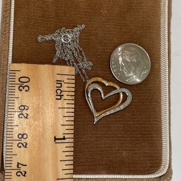 Solid 14K Yellow & White Gold Double 2 Two Hearts Pendant Neck Chain Necklace - Picture 8 of 13